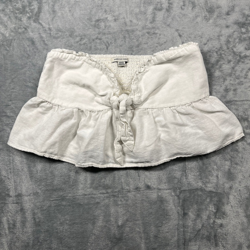 American Eagle Tube Top Womens White Cotton Linen Tie Front Smocked Ruffle M